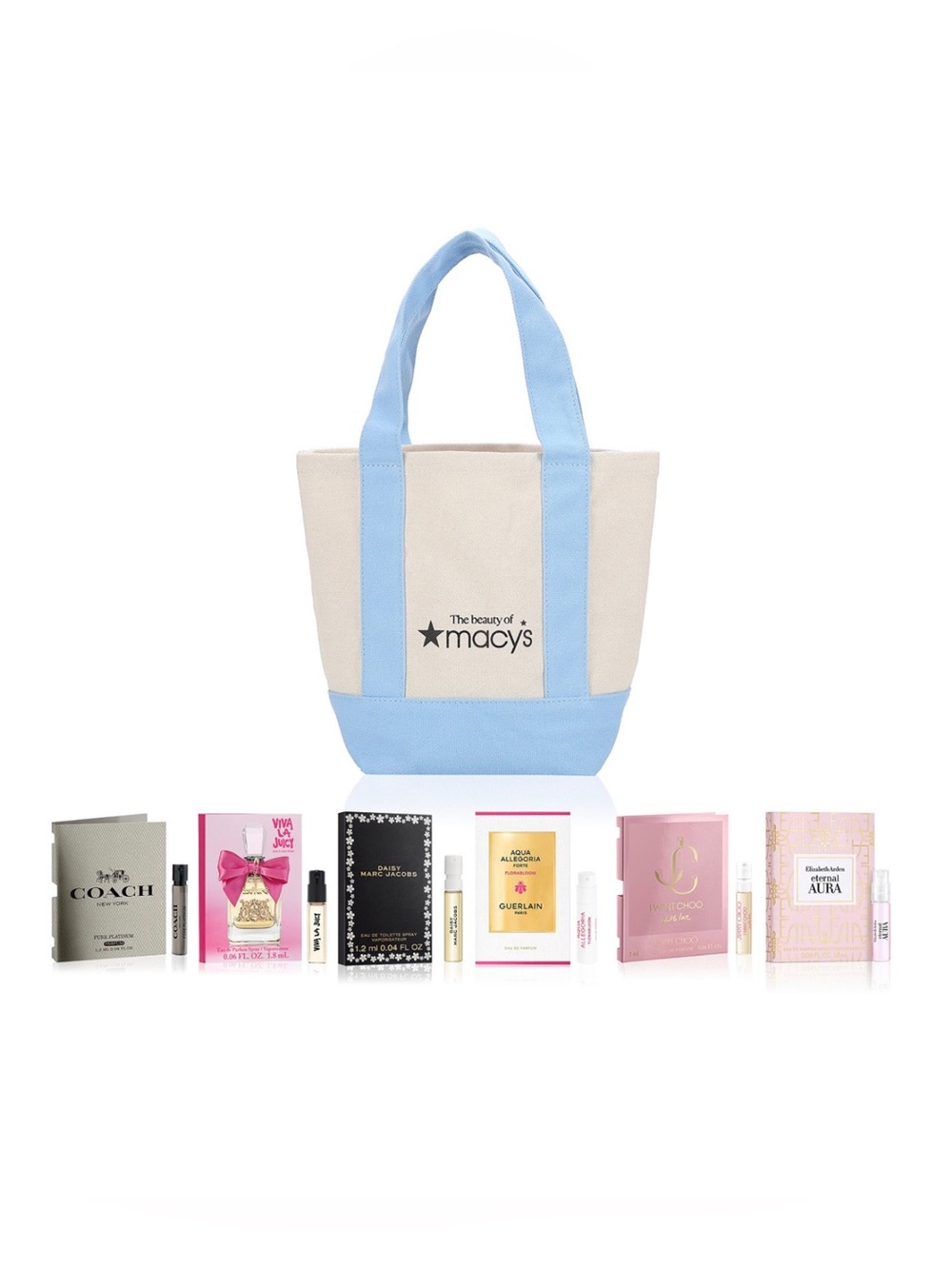 Macy's Beauty Baby Blue Mini Tote Bag with 6 goodies